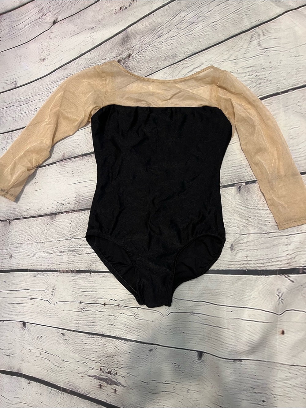 Suffolk Girls Black One-Piece Leotard with Nude Sheer Sleeves